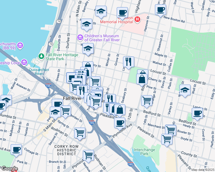 map of restaurants, bars, coffee shops, grocery stores, and more near 2 Grove Street in Fall River
