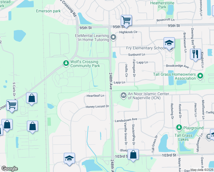 map of restaurants, bars, coffee shops, grocery stores, and more near 3480 Birch Lane in Naperville