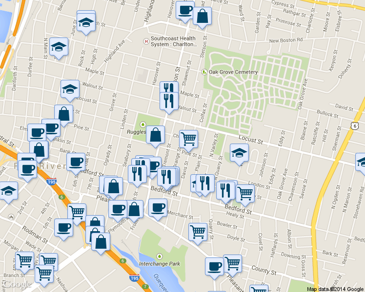 map of restaurants, bars, coffee shops, grocery stores, and more near 246 Davis Street in Fall River