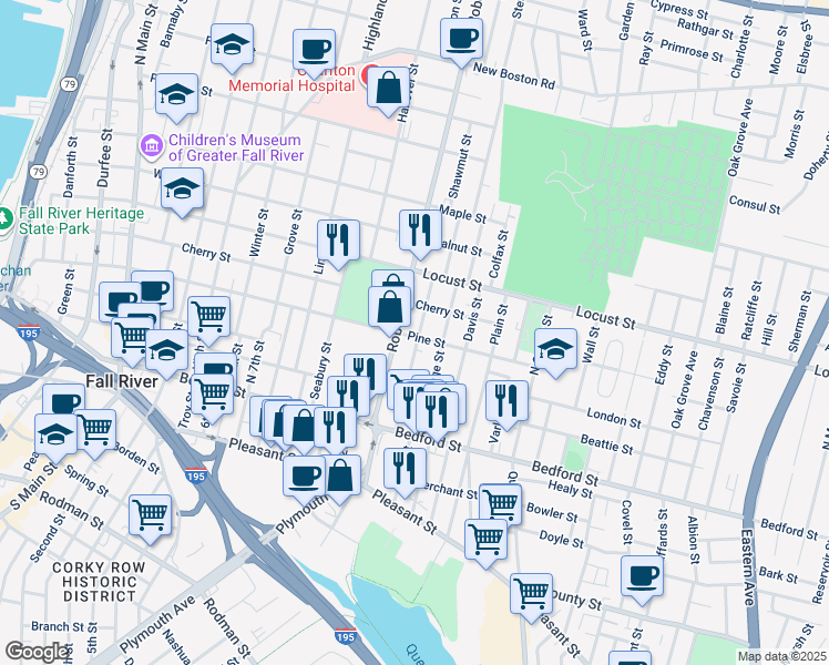 map of restaurants, bars, coffee shops, grocery stores, and more near 235 Tremont Street in Fall River