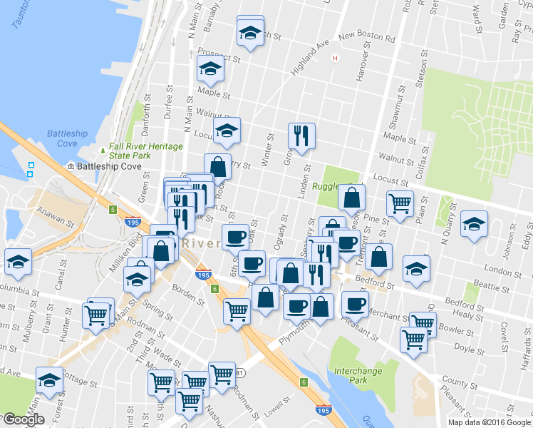 map of restaurants, bars, coffee shops, grocery stores, and more near 2 Grove Street in Fall River