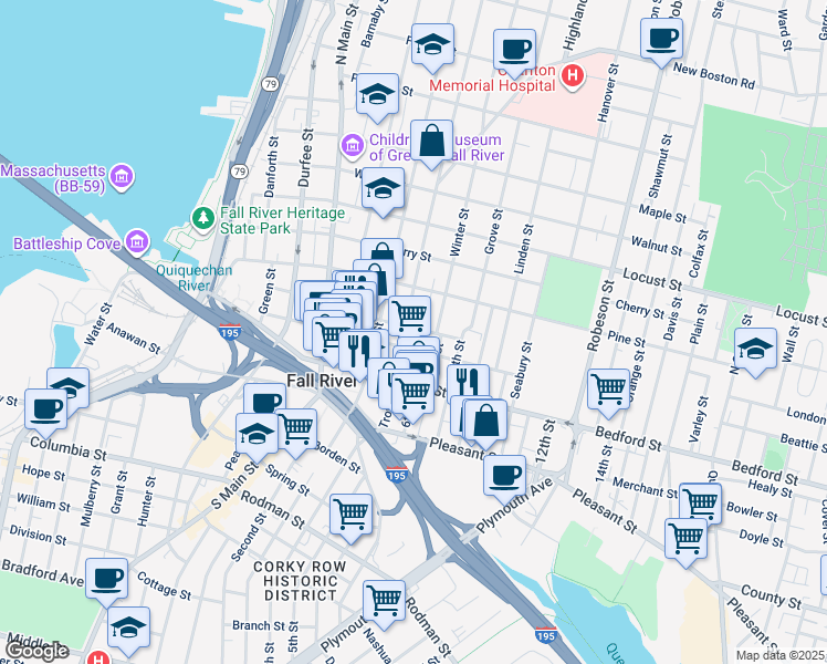 map of restaurants, bars, coffee shops, grocery stores, and more near 222 Franklin Street in Fall River