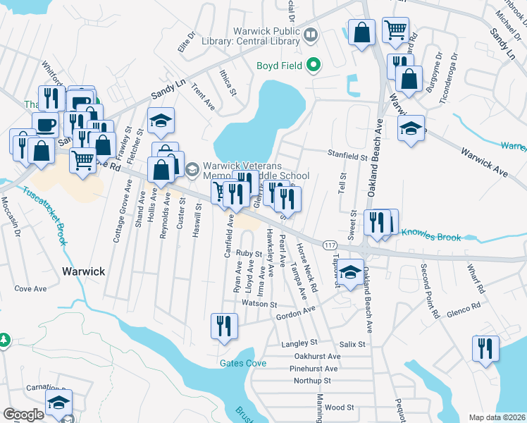 map of restaurants, bars, coffee shops, grocery stores, and more near 225 Sefton Avenue in Warwick