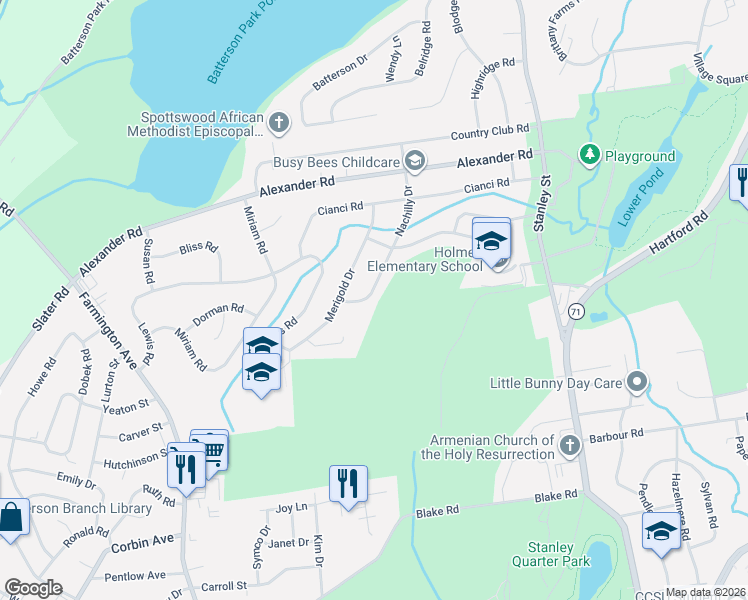 map of restaurants, bars, coffee shops, grocery stores, and more near 41 Nachilly Drive in New Britain