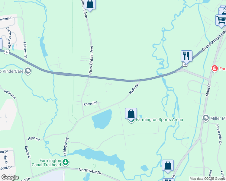 map of restaurants, bars, coffee shops, grocery stores, and more near 111 Scott Swamp Road in Farmington