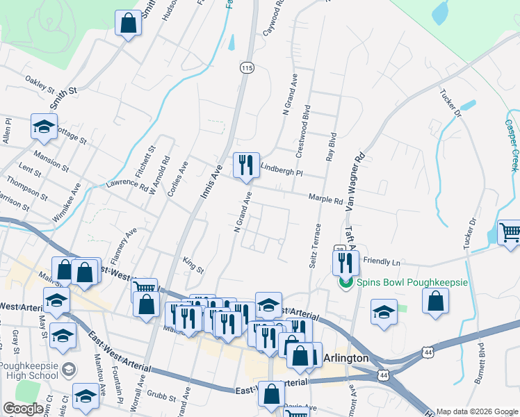 map of restaurants, bars, coffee shops, grocery stores, and more near 8 Wood Street in Arlington