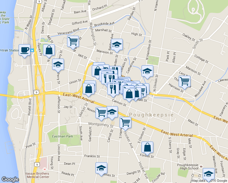 map of restaurants, bars, coffee shops, grocery stores, and more near 331 Main Mall in Poughkeepsie