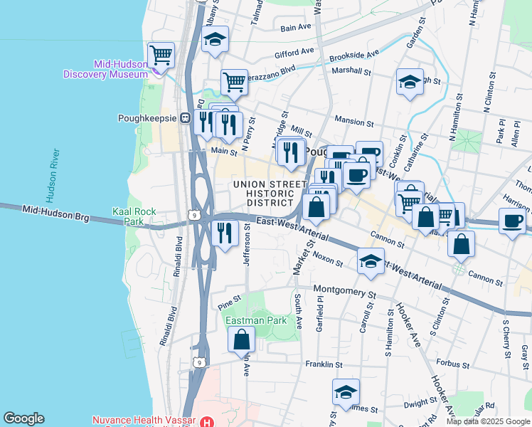 map of restaurants, bars, coffee shops, grocery stores, and more near 160 Union Street in Poughkeepsie