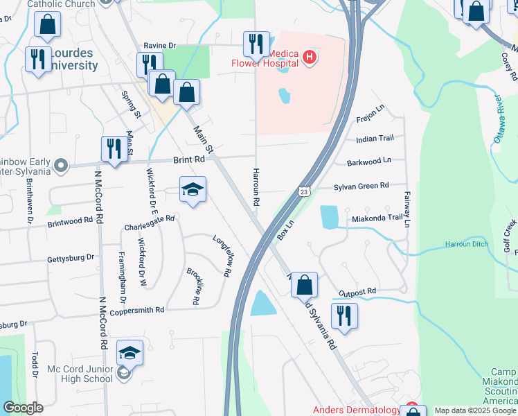 map of restaurants, bars, coffee shops, grocery stores, and more near 6247 Sylvan Green Rd in Sylvania