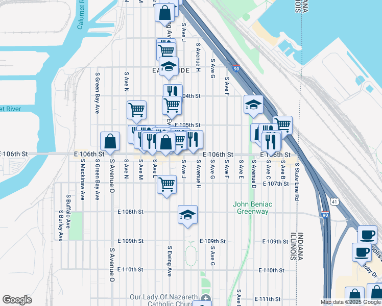 map of restaurants, bars, coffee shops, grocery stores, and more near 3700 East 106th Street in Chicago