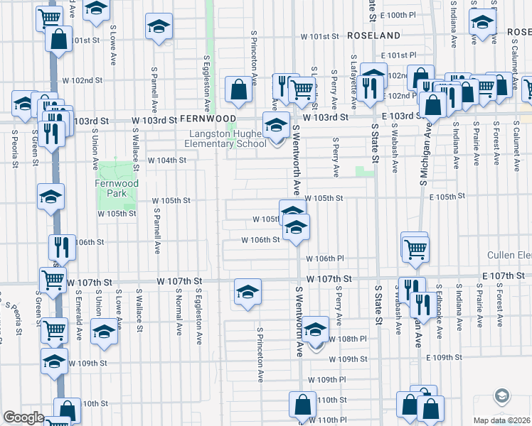 map of restaurants, bars, coffee shops, grocery stores, and more near 247 West 105th Street in Chicago
