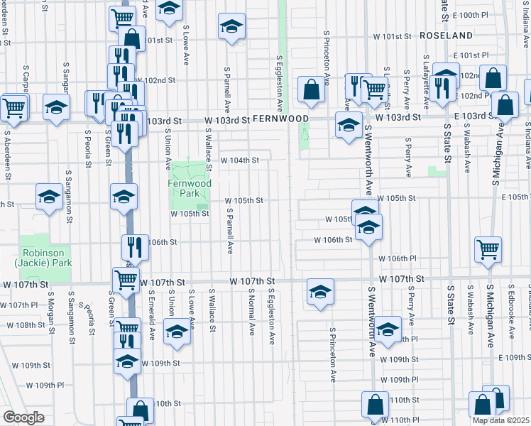 map of restaurants, bars, coffee shops, grocery stores, and more near 10510 South Eggleston Avenue in Chicago