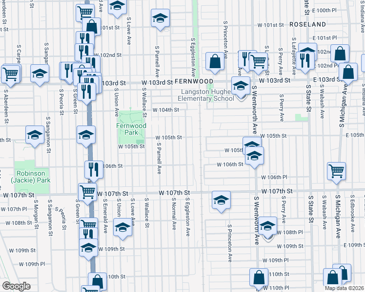 map of restaurants, bars, coffee shops, grocery stores, and more near 10510 South Eggleston Avenue in Chicago