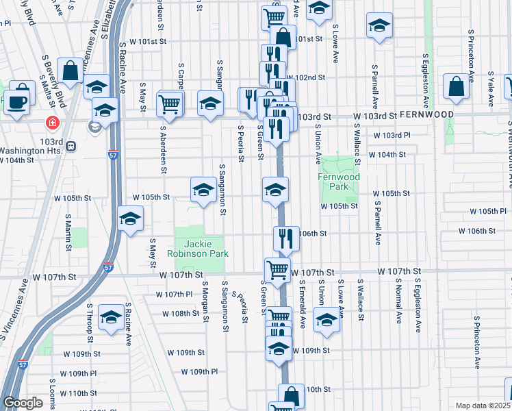 map of restaurants, bars, coffee shops, grocery stores, and more near 10505 South Peoria Street in Chicago