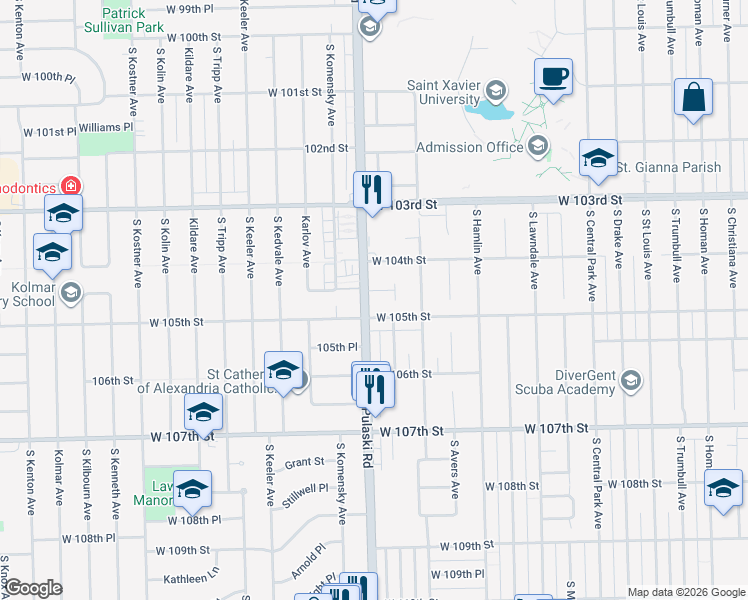 map of restaurants, bars, coffee shops, grocery stores, and more near 3943 104th Place in Chicago