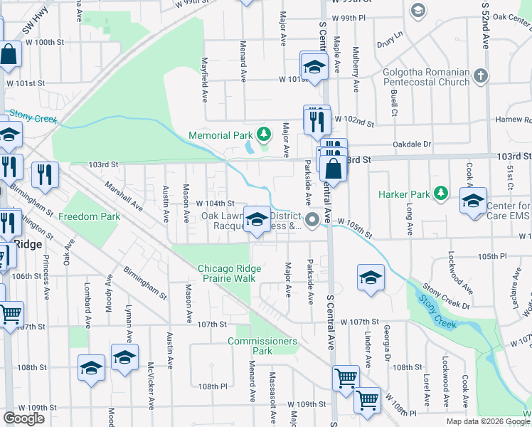 map of restaurants, bars, coffee shops, grocery stores, and more near 10333 Menard Avenue in Oak Lawn