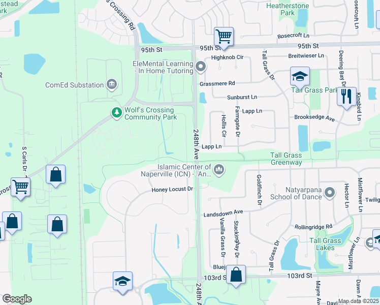 map of restaurants, bars, coffee shops, grocery stores, and more near 3480 Birch Lane in Naperville