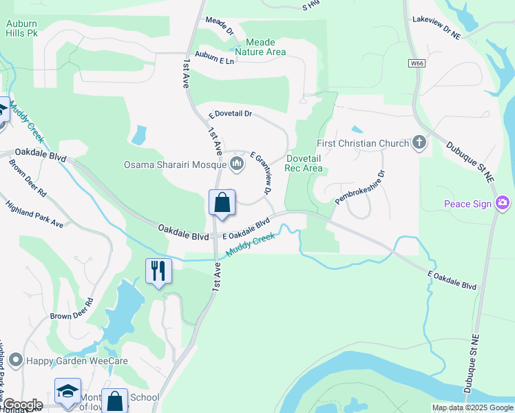 map of restaurants, bars, coffee shops, grocery stores, and more near 2244 E Grantview Dr in Coralville