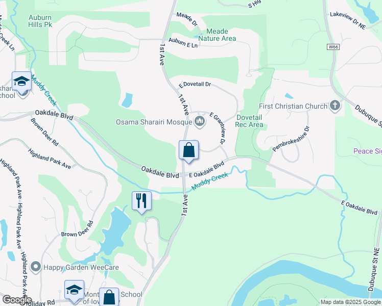 map of restaurants, bars, coffee shops, grocery stores, and more near 2216 East Grantview Drive in Coralville