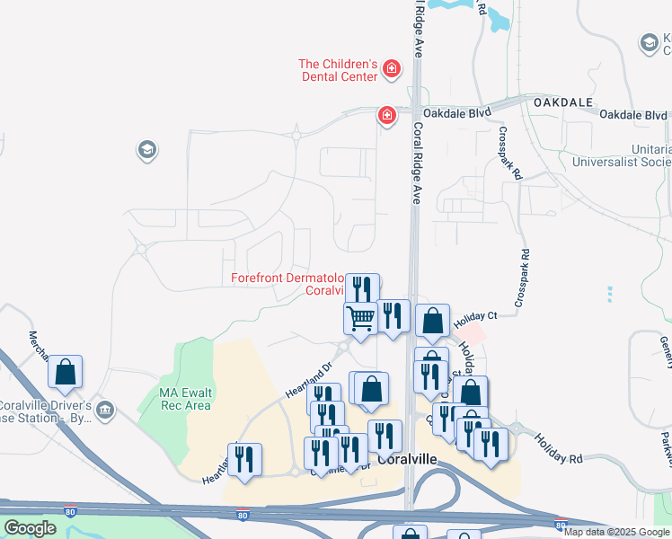 map of restaurants, bars, coffee shops, grocery stores, and more near 2876 Coral Court in Coralville
