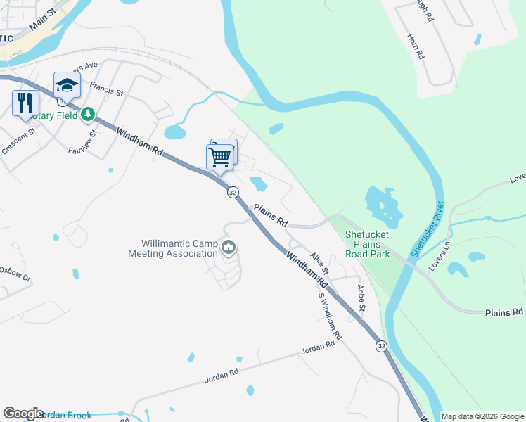 map of restaurants, bars, coffee shops, grocery stores, and more near 388 Plains Road in Windham