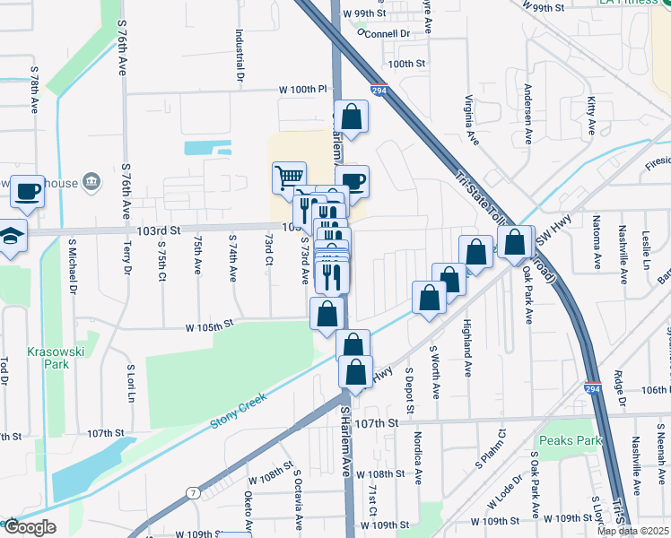 map of restaurants, bars, coffee shops, grocery stores, and more near 10344 South Harlem Avenue in Palos Hills