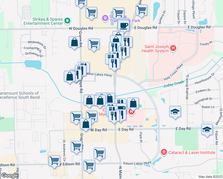 map of restaurants, bars, coffee shops, grocery stores, and more near 4715 North Main Street in Mishawaka
