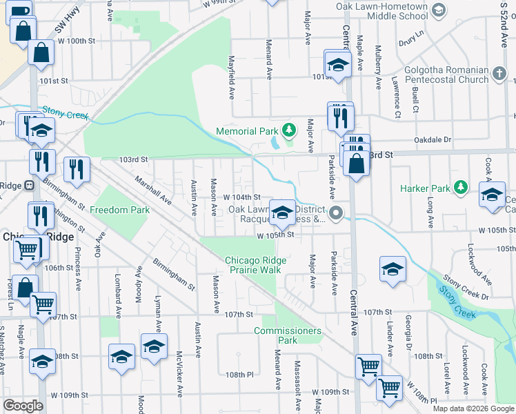 map of restaurants, bars, coffee shops, grocery stores, and more near 10400 Menard Avenue in Oak Lawn