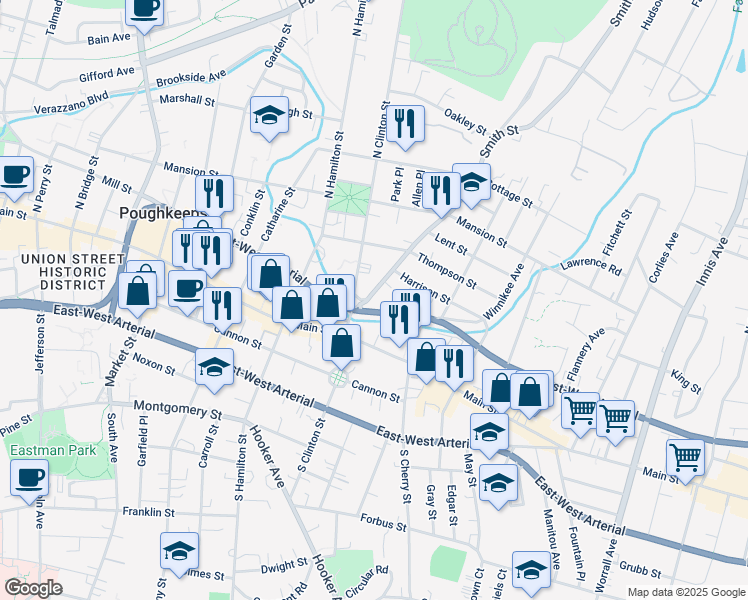 map of restaurants, bars, coffee shops, grocery stores, and more near 19 Smith Street in Poughkeepsie