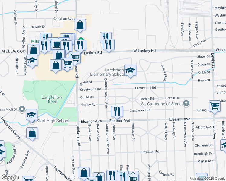 map of restaurants, bars, coffee shops, grocery stores, and more near 4649 Manorwood Road in Toledo