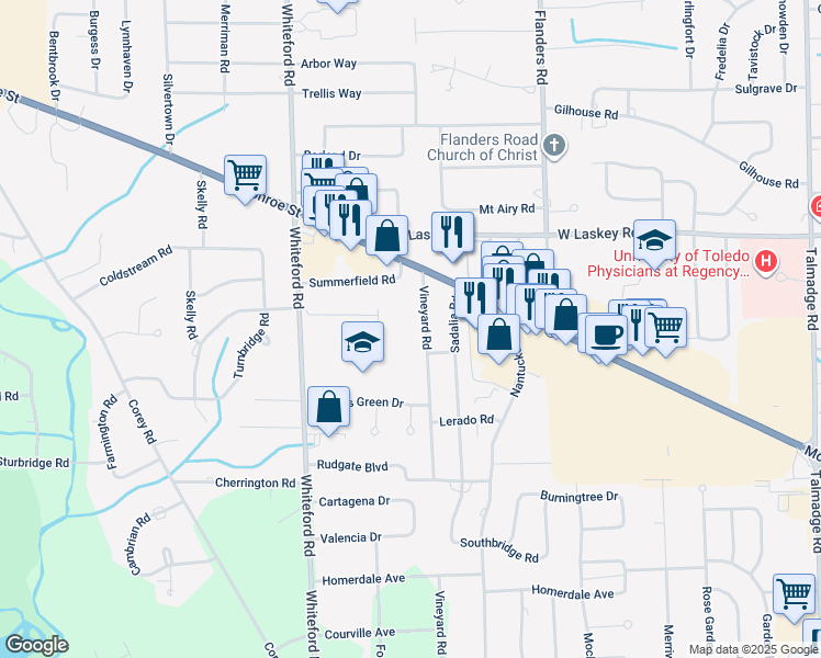 map of restaurants, bars, coffee shops, grocery stores, and more near 4805 Vineyard Road in Toledo