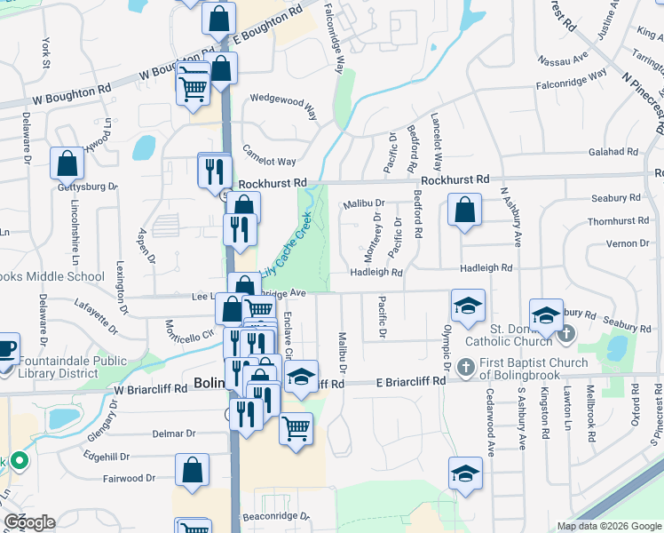 map of restaurants, bars, coffee shops, grocery stores, and more near 205 Malibu Drive in Bolingbrook