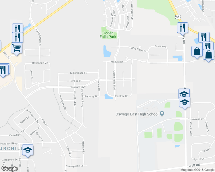 map of restaurants, bars, coffee shops, grocery stores, and more near 418 Raintree Drive in Oswego