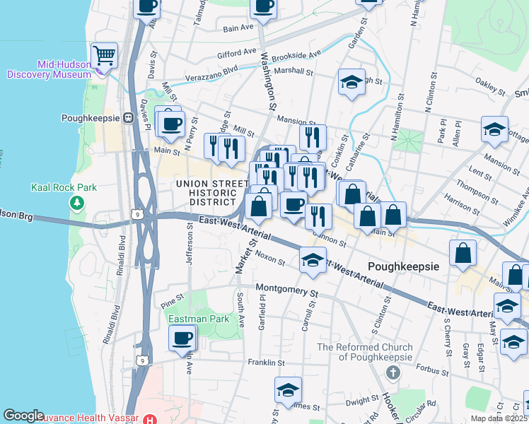 map of restaurants, bars, coffee shops, grocery stores, and more near 43 Market Street in Poughkeepsie