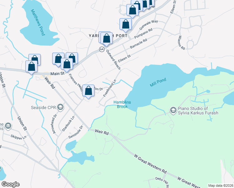 map of restaurants, bars, coffee shops, grocery stores, and more near 18 Brattle Drive in Yarmouth