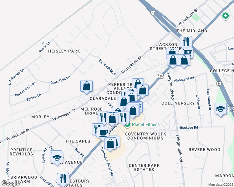 map of restaurants, bars, coffee shops, grocery stores, and more near 101 Pepper Tree Lane in Painesville