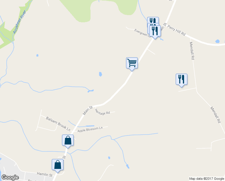 map of restaurants, bars, coffee shops, grocery stores, and more near 497 Main Street in Acushnet