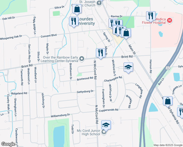 map of restaurants, bars, coffee shops, grocery stores, and more near 6707 Addington Lane in Sylvania