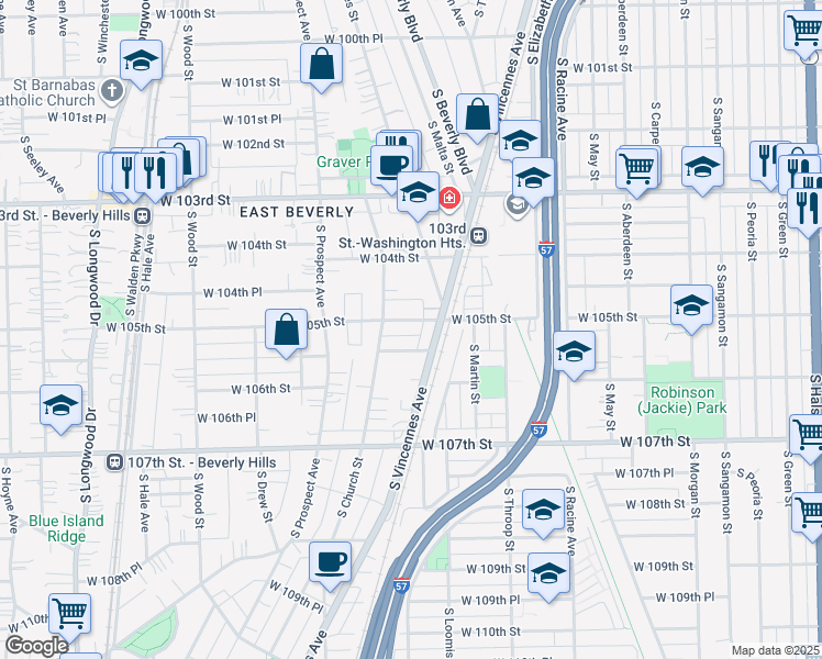 map of restaurants, bars, coffee shops, grocery stores, and more near 1427 West 105th Street in Chicago