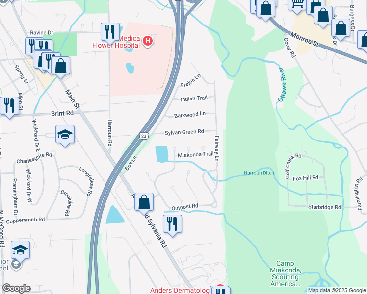 map of restaurants, bars, coffee shops, grocery stores, and more near 4815 Princess Court in Sylvania