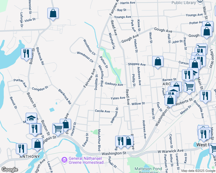map of restaurants, bars, coffee shops, grocery stores, and more near 33 Gadoury Avenue in Coventry