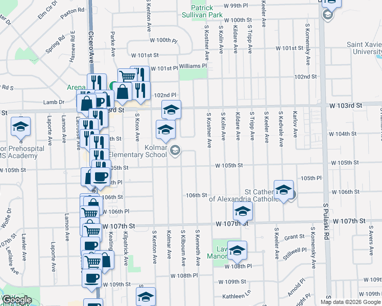 map of restaurants, bars, coffee shops, grocery stores, and more near 10428 South Kenneth Avenue in Oak Lawn
