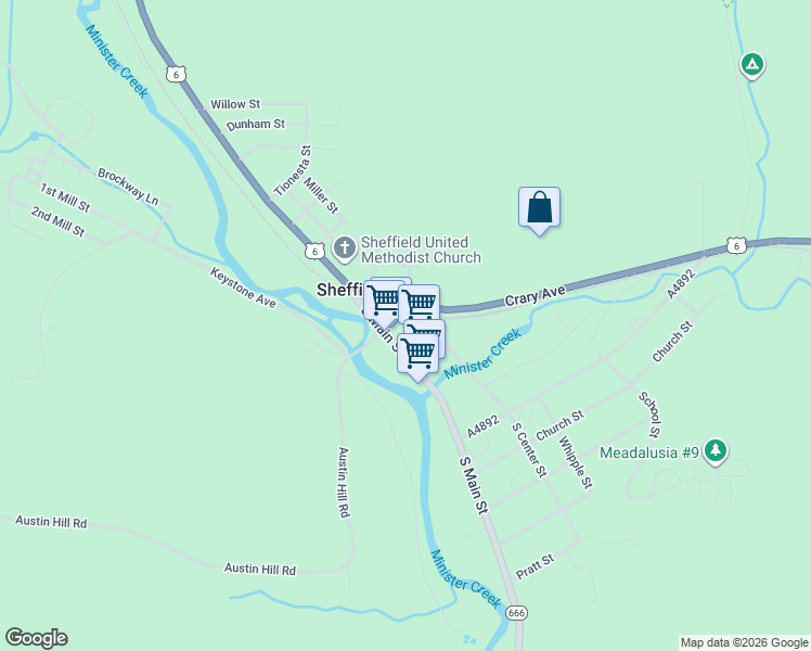 map of restaurants, bars, coffee shops, grocery stores, and more near 23 Center Street in Warren