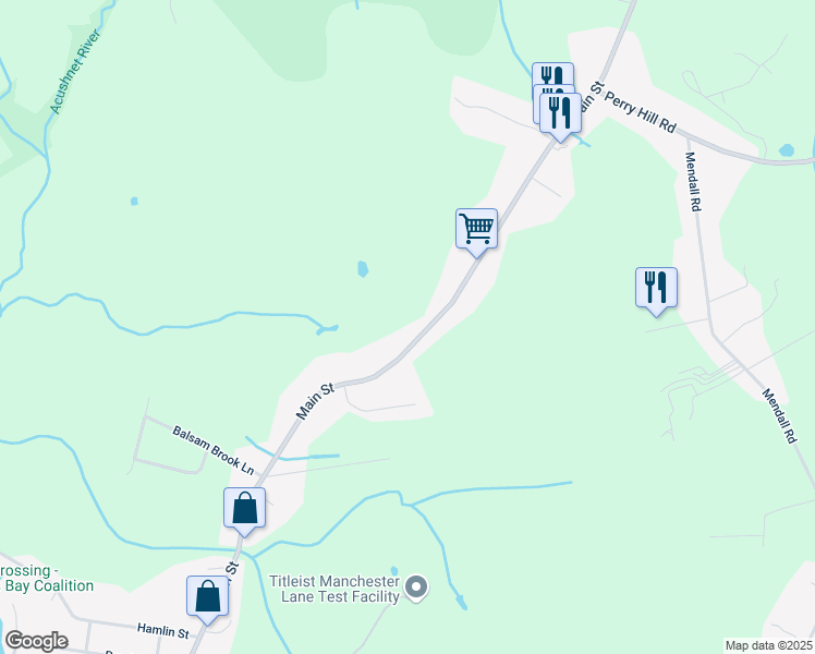 map of restaurants, bars, coffee shops, grocery stores, and more near 497 Main Street in Acushnet