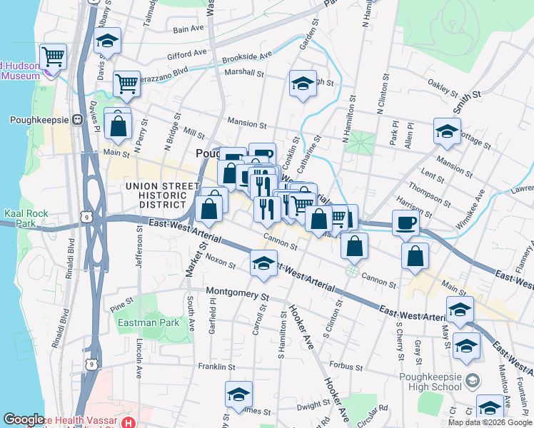map of restaurants, bars, coffee shops, grocery stores, and more near 331 Main Mall in Poughkeepsie