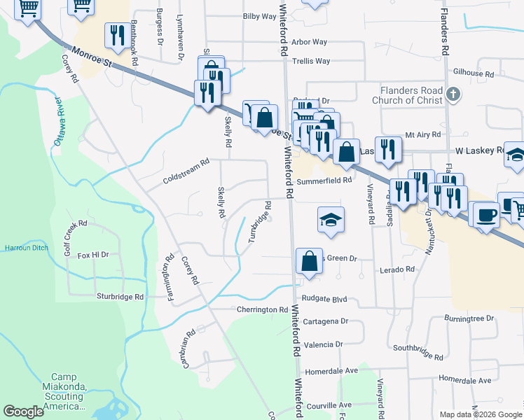 map of restaurants, bars, coffee shops, grocery stores, and more near 4835 Turnbridge Road in Toledo