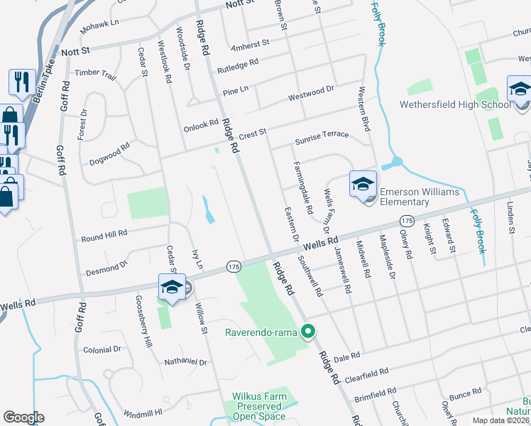 map of restaurants, bars, coffee shops, grocery stores, and more near 672 Ridge Road in Wethersfield