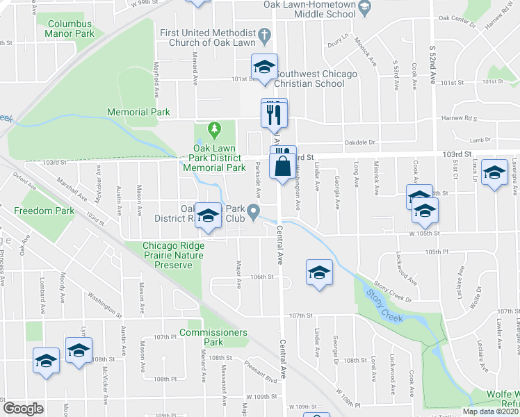 map of restaurants, bars, coffee shops, grocery stores, and more near 10361 Parkside Avenue in Oak Lawn