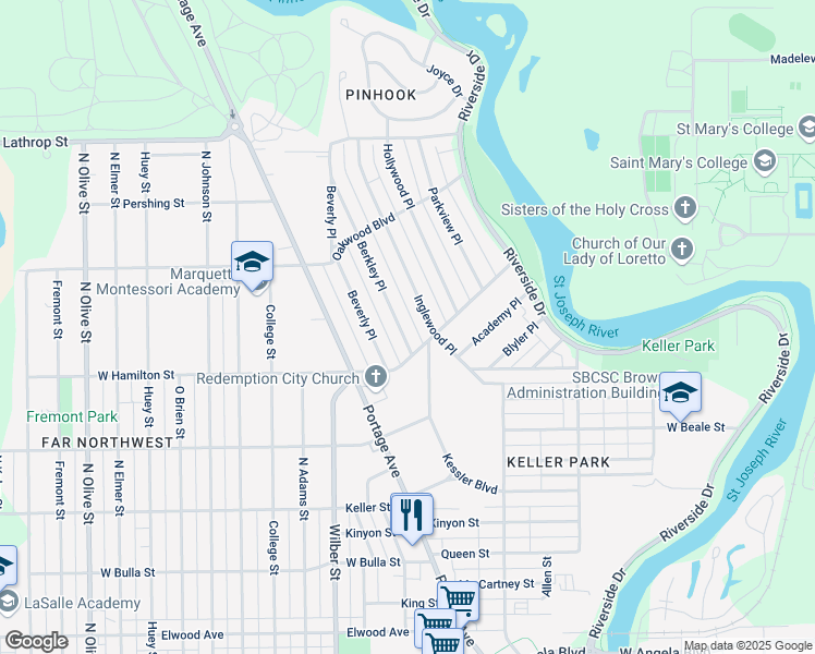 map of restaurants, bars, coffee shops, grocery stores, and more near 1938 Berkley Place in South Bend