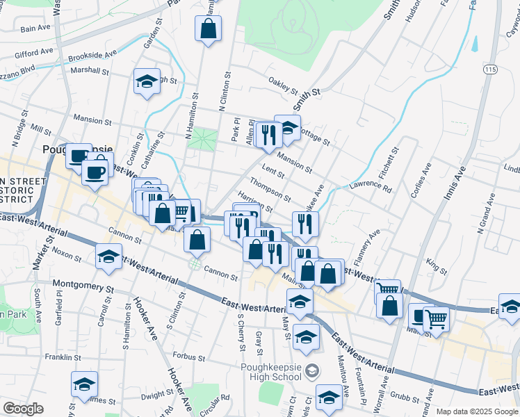 map of restaurants, bars, coffee shops, grocery stores, and more near 21 Harrison Street in Poughkeepsie
